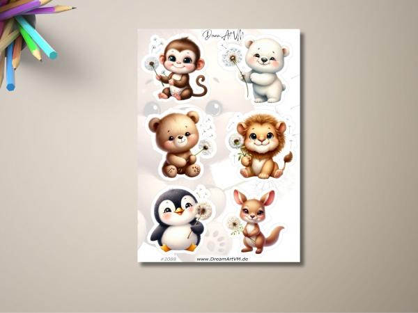 Süße Tieraufkleber - Affe, Eisbär, Bär, Löwe, Pinguin und Känguru mit Pusteblumen. Ideal für Kinderzimmerdekoration oder kreative Projekte.